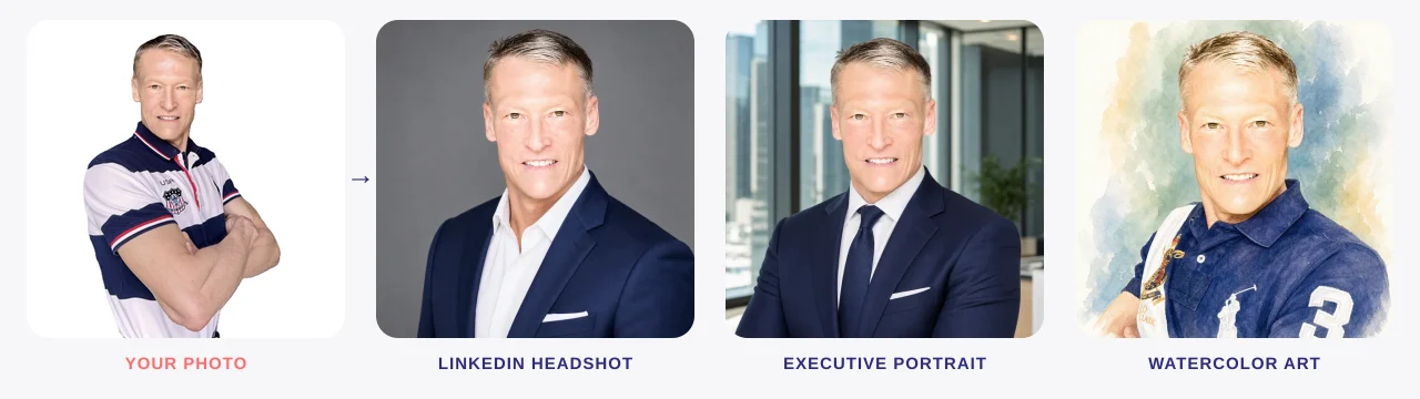 Real photo of founder Lindsay Hiebert beside his AI-generated LinkedIn headshot, executive portrait, and watercolor portrait — same face, precisely transformed into each style.