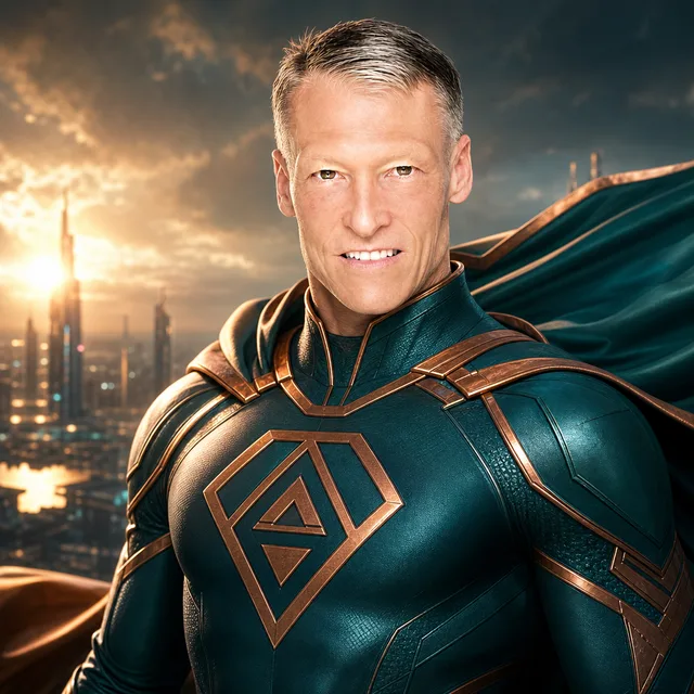 A real photo transformed into a Superhero Portrait — same face, fun & seasonal style